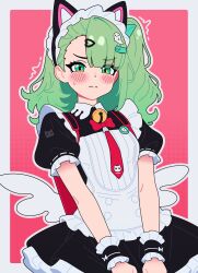  1girl absurdres animal_ear_hairband animal_ears bag bell black_dress blush cat_ear_hairband cat_ears dress embarrassed fake_animal_ears green_eyes green_hair hair_ornament hairband heart highres looking_at_viewer magikflaan maid maid_headdress multiple_hair_clips neck_bell necktie official_alternate_costume pink_background red_bag red_necktie simple_background solo sunna_(afternoon_tea_break)_(zenless_zone_zero) sunna_(zenless_zone_zero) triangle_hair_ornament upper_body white_wings winged_bag wings zenless_zone_zero 