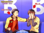  2boys black_hair brown_hair closed_eyes fingernails hands_on_own_face idolmaster idolmaster_side-m jacket kimura_ryu layered_sleeves long_sleeves male_focus multiple_boys open_clothes open_jacket open_mouth orange_shirt shiron_(shiro_n) shirt short_over_long_sleeves short_sleeves takajo_kyoji teeth upper_teeth_only yellow_shirt 