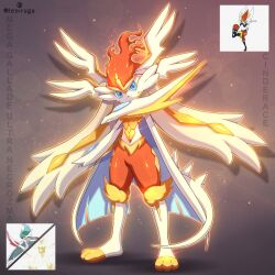  1other :3 animal_ears animal_focus arm_blade artist_name blue_eyes cape character_name cinderace dragon_tail full_body furry fusion gallade glowing grey_background head_wings highres leoiruga looking_at_viewer mega_gallade mega_pokemon multicolored_fur necrozma necrozma_(ultra) official_art_inset orange_fur pokemon pokemon_(creature) pokemon_focus rabbit_ears reference_inset simple_background solo standing tail weapon wings yellow_fur 