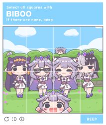  5girls :3 ^_^ absurdres animal_ears arms_up bare_shoulders black_hair blush_stickers captcha cat_ears closed_eyes commentary cosplay crown dress english_commentary english_text grey_hair highres hololive hololive_english jewel_under_eye kemonomimi_mode koseki_bijou koseki_bijou_(1st_costume) koseki_bijou_(cosplay) mole mole_under_eye mpien multicolored_hair multiple_girls multiple_persona ninomae_ina'nis orange_hair paw_pose pebble_(koseki_bijou) pointy_ears purple_hair shiori_novella smile split-color_hair sunglasses tentacle_hair untranslatable_commentary virtual_youtuber white_dress 
