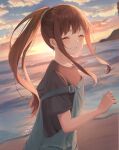  1girl absurdres beach black_shirt blue_sky blurry blurry_background blush brown_hair closed_eyes clouds cloudy_sky collarbone evening fujizarashi gradient_sky hair_ornament hand_up highres inoue_takina lips long_hair lycoris_recoil ocean outdoors ponytail rock sand shirt short_sleeves sidelocks sky smile solo standing sunset t-shirt teeth water yellow_sky 