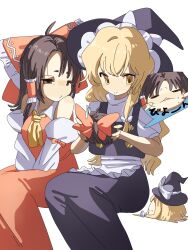  2girls ahoge apron ascot asymmetrical_bangs between_legs black_hair black_skirt black_vest blonde_hair blush blush_stickers braid brown_eyes cheek_pinching collar collarbone commentary_request detached_sleeves hair_ribbon hair_tubes hakurei_reimu hand_between_own_legs hat hat_ribbon highres kirisame_marisa looking_at_another medium_hair mozupoko multiple_girls nontraditional_miko pinching red_ribbon red_skirt red_vest ribbon shirt single_braid sitting skirt smile touhou vest white_apron white_background white_shirt wide_sleeves witch_hat yellow_ascot yellow_eyes yukkuri_shiteitte_ne 