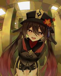  1girl absurdres backrooms_(creepypasta) black_hat brown_hair commentary cowboy_shot english_commentary flower flower-shaped_pupils genshin_impact hair_between_eyes hat hat_flower highres hu_tao_(genshin_impact) leaning_forward light_blush liminal_space long_hair looking_at_viewer miil_liim open_mouth plum_blossoms red_eyes shorts smile solo symbol-shaped_pupils teeth twintails upper_teeth_only very_long_hair 