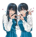  2girls belt black_hair blue_belt blue_bow blue_bowtie blue_dress blush bow bowtie breasts chainsaw_man collared_shirt dress dual_persona facial_tattoo fingernails fourth_east_high_school_uniform grey_eyes hair_between_eyes hand_up hands_up heart heart_hands heart_tattoo highres juliet_sleeves long_fingernails long_hair long_sleeves looking_at_viewer medium_breasts mitaka_asa multiple_girls needbee_r open_mouth puffy_long_sleeves puffy_sleeves ringed_eyes school_uniform selfcest shirt short_hair short_twintails simple_background smile standing tattoo teeth twintails v v-shaped_eyebrows white_background white_shirt yellow_eyes yoru_(chainsaw_man) yuri 