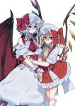 2girls absurdres ascot bare_shoulders bat_wings blonde_hair blue_hair bow brooch crystal duplicate flandre_scarlet hat hat_ribbon highres himadera hug jewelry laevatein_(touhou) looking_at_viewer mob_cap multiple_girls one_side_up puffy_short_sleeves puffy_sleeves red_eyes red_skirt red_vest remilia_scarlet ribbon shirt short_hair short_sleeves siblings side_ponytail simple_background sisters skirt skirt_set smile touhou vest white_background wings yandere yellow_ascot