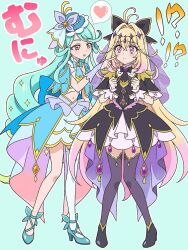  2girls antenna_hair aqua_hair black_bow black_capelet black_dress blonde_hair blue_hat bow bowtie brooch butterfly_hat_ornament capelet commentary_request cure_arcana_shadow cure_eclair diamond_hairband dress frilled_capelet frilled_cuffs frills gradient_hair hair_intakes hand_on_another's_cheek hand_on_another's_face hat hat_ornament heart heart_brooch highres jewelry long_hair magical_girl meitantei_precure! midriff moria_luluka multicolored_hair multiple_girls open_mouth precure purple_veil purple_wrist_cuffs ryuhirohumi skirt smile veil very_long_hair violet_eyes wrist_cuffs 