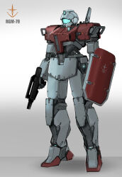  assault_visor beam_gun blue_visor character_name commentary_request earth_federation gm_(mobile_suit) gundam highres holding holding_weapon logo mecha mecha_focus mobile_suit mobile_suit_gundam no_humans original redesign robot roundel science_fiction shield sketch solo weapon zhuoge_141_hao 