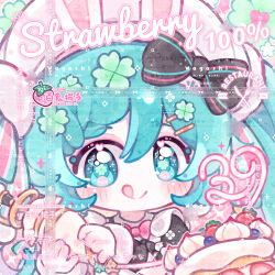  1girl 39 apron aqua_eyes aqua_hair bai_gui_hua_zi black_bow black_dress blueberry blush bow clover_hair_ornament commission deformed dress food fruit hair_bow hair_ornament hatsune_miku highres holding holding_pastry_bag icing licking_lips long_hair looking_at_viewer maid maid_headdress mihuashi_commission official_alternate_costume pancake pastry_bag portrait solo strawberry tongue tongue_out too_many_watermarks twintails vocaloid watermark white_apron 