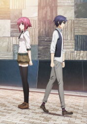  1boy 1girl black_thighhighs black_vest blue_hair brown_shoes brown_shorts casual chain chaos;child dress_shirt glasses grey_pants highres key_visual looking_at_another miyashiro_takuru necktie official_art onoe_serika pants plaid_clothes plaid_sleeves promotional_art puffy_shorts science_adventure shirt shoes short_hair short_necktie short_shorts shorts socks striped_clothes striped_socks thigh-highs vest walking white_shirt 