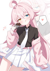  1girl :q absurdres adachi_(ttriwk) ahoge belt black_shirt blue_archive blue_eyes blush candy chocolate chocolate_bar collared_shirt commentary cowboy_shot dress_shirt food hair_between_eyes halo hand_up heart heterochromia highres holding holding_chocolate holding_food hoshino_(blue_archive) jacket long_hair long_sleeves looking_at_viewer necktie open_clothes open_jacket pink_belt pink_hair pink_halo pink_jacket plaid_clothes plaid_skirt pleated_skirt puffy_long_sleeves puffy_sleeves shirt simple_background skirt sleeve_cuffs solo speech_bubble spoken_heart standing tongue tongue_out untranslatable_commentary very_long_hair white_background white_necktie yellow_eyes zoom_layer 