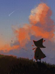  1boy adversarial_noise blue_sky cloak clouds commentary_request cumulonimbus_cloud debris evening facing_away from_behind grass green_cloak green_hat hat hat_feather highres hill long_sleeves moomin outdoors red_clouds scarf scenery shooting_star sigsouko sky smoking_pipe snufkin solo standing sunlight twitter_username wide_brim yellow_scarf 