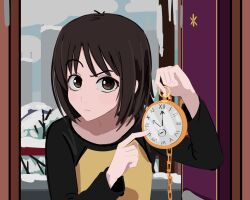  1girl black_shirt bob_cut brown_eyes brown_hair building chain city clock close-up closed_mouth commentary doorway english_commentary foliage highres holding holding_pocket_watch kurokimoko light_frown long_sleeves looking_at_viewer meme nakahara_misaki nhk_ni_youkoso! open_door pocket_watch pointing pointing_at_object portrait pov_doorway raglan_sleeves railing raised_eyebrow roman_numeral serious shirt short_hair skeptical sketch skyscraper snow solo t-shirt upper_body upturned_eyes watch white_rabbit_pointing_at_a_clock_(meme) winter yellow_shirt 