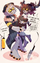  1boy 1girl alice_(murder_drones) angry asymmetrical_eyelashes bluberri carrying coat commentary english_commentary face_filter hat highres horns hug humanoid_robot mechanical_arms mechanical_head mechanical_legs murder_drones n_(murder_drones) ponytail robot trench_coat 