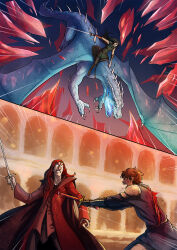  1girl 1other 2boys armor arya_(eragon) battle belt black_hair black_pants blood blood_on_clothes blood_on_face blood_on_weapon blue_fire blue_tunic boots bracer brown_belt brown_boots brown_eyes brown_hair claws clenched_teeth crystal crystal_shards dragon dragon_tail dragon_wings durza_(eragon) eastern_dragon elf eragon eragon_(character) fangs fighting fire flying full_body green_eyes green_tunic highres holding holding_sword holding_weapon indoors injury long_hair multiple_boys pants pointy_ears red_hair red_tunic riding_dragon saddle saphira_(eragon) short_hair shoulder_armor spikes sword tail teeth ticcy tunic veins weapon white_pants wings 