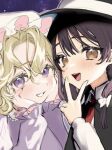  2girls :d black_capelet black_hair black_headwear blonde_hair blush capelet commentary dress fingernails hair_between_eyes hand_up hands_on_own_cheeks hands_on_own_face hands_up hat heads_together highres looking_at_viewer maribel_hearn medium_hair mob_cap mokokiyo_(asaddr) multiple_girls necktie open_mouth orange_eyes purple_dress red_necktie smile teeth touhou upper_body upper_teeth_only usami_renko v violet_eyes white_headwear 