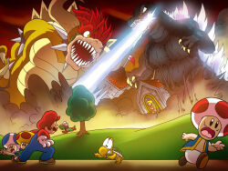  bowser bracelet brandon_santiago breasts claws collar crossover crown fire giant giant_monster giga_bowser gloves glowing glowing_eyes godzilla godzilla_(series) horns jewelry kaiju long_hair mario monster multiple_boys non-web_source open_mouth princess_peach red_eyes red_hair running sharp_teeth short_hair spiked_bracelet spiked_collar spikes super_crown super_mario_bros. super_smash_bros. tail teeth toad_(mario) tree yoshi 