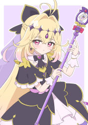  1girl antenna_hair black_bow black_bowtie black_capelet black_dress blonde_hair blush border bow bowtie braid brooch capelet card commentary crossed_bangs cure_arcana_shadow diamond_hairband dress earrings expressionless forehead_jewel frilled_capelet frills gem gold_trim gradient_hair hair_between_eyes hair_bow half_up_braid heart heart_brooch heart_in_eye highres holding holding_staff jewelry long_hair looking_at_viewer magical_girl medium_dress meitantei_precure! moria_luluka multicolored_hair nisan_ga6 outline outside_border pink_eyes pink_hair precure purple_background purple_gem purple_veil sleeveless sleeveless_dress solo staff symbol_in_eye tear_arcana_rod two-tone_hair upper_body veil very_long_hair white_border white_outline white_wrist_cuffs wrist_cuffs 