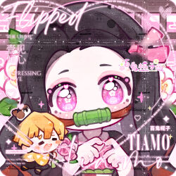  1boy 1girl =_= agatsuma_zenitsu animal_on_head bai_gui_hua_zi bamboo bird bird_on_head bit_gag black_hair blonde_hair blush bouquet chibi commission deformed forehead gag gagged hair_ornament hair_ribbon haori heart heart_hair_ornament highres holding holding_bouquet japanese_clothes kamado_nezuko kimetsu_no_yaiba kimono long_hair long_sleeves looking_at_viewer mihuashi_commission mini_person miniboy on_head pink_eyes pink_hair pink_kimono pink_ribbon portrait ribbon sash short_hair solo_focus too_many_watermarks very_long_hair watermark 