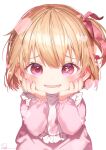  1girl animal_print apron artist_name blonde_hair blush bodysuit child female_child fingernails hair_between_eyes hair_ribbon hands_on_own_face hands_up heart heart_in_eye highres hoshino_ruby long_sleeves looking_at_viewer one_side_up open_mouth oshi_no_ko pink_bodysuit pink_eyes pink_ribbon puffy_long_sleeves puffy_sleeves rabbit_print ribbon ryota_(ry_o_ta) short_hair simple_background sitting smile solo sparkle star-shaped_pupils star_(symbol) symbol-shaped_pupils symbol_in_eye white_apron white_background 