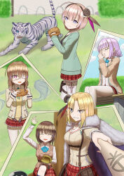  1other 5girls absurdres adjusting_eyewear ahoge aoi_erika baseball_bat baseball_mitt blonde_hair blue_eyes brown_hair byakko_(heaven_burns_red) closed_eyes coat eyepatch fur_coat grey_hair hairband heaven_burns_red highres higuchi_seika hiiragi_kozue hitodama medical_eyepatch minase_ichigo minase_sumomo multiple_girls narby_(heaven_burns_red) purple_hair short_hair team_31b_(heaven_burns_red) tiger user_yttf4744 violet_eyes white_fur white_tiger 