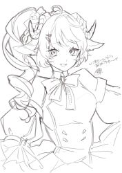  1girl :d ahoge animal_ears arknights breasts commentary_request dress drill_hair drill_ponytail erinashi_kin eyjafjalla_(arknights) greyscale hair_ornament hairclip highres looking_at_viewer medium_breasts monochrome open_mouth sheep_ears sheep_girl sketch smile solo upper_body 