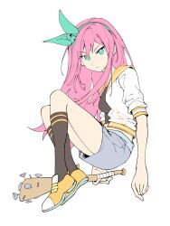  1girl aubrey_(faraway)_(omori) aubrey_(omori) baseball_bat black_socks blue_eyes blue_hairband blue_skirt breasts bright_pupils closed_mouth commentary crop_top denim denim_skirt english_commentary full_body hairband highres holding holding_baseball_bat jacket kneehighs long_hair looking_at_viewer nail_(hardware) nail_bat omori open_clothes open_jacket pink_hair shoes short-sleeved_jacket short_sleeves simple_background skirt small_breasts sneakers socks solo white_background white_pupils yellow_shoes zs_zealsummer 