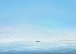  alu.m_(alpcmas) artist_name blue_sky boat clouds crescent_moon day horizon moon no_humans ocean original outdoors scenery signature sky water watercraft 