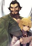  2boys beard black_eyes blonde_hair blunt_bangs facial_hair green_kimono grin japanese_clothes jigokuraku kimono looking_at_viewer mugicha_(pixiv_32045867) multiple_boys mustache smile standing tamiya_gantetsusai thick_eyebrows uniform white_background wide_sleeves yamada_asaemon_fuchi 