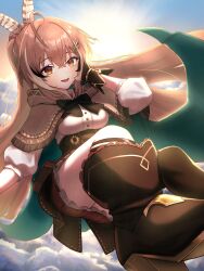  1girl absurdres ahoge boots breasts brown_capelet brown_cloak brown_eyes brown_hair capelet cloak clouds cloudy_sky corset feather_hair_ornament feathers full_body gloves hair_ornament highres hololive hololive_english liaowlowl long_hair medium_breasts multicolored_hair nanashi_mumei nanashi_mumei_(1st_costume) ponytail shirt skirt sky smile streaked_hair sun virtual_youtuber white_shirt 
