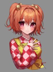  1girl apron artist_name bell blush checkered_clothes checkered_kimono closed_mouth commentary english_commentary grey_background hair_bell hair_ornament heart heart-shaped_pupils highres japanese_clothes jingle_bell kimono long_sleeves looking_at_viewer motoori_kosuzu orange_hair red_eyes shianebulae short_hair simple_background smile solo symbol-shaped_pupils touhou two_side_up upper_body wide_sleeves yellow_apron 