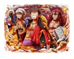  3boys abs black_cloak black_hair chest_tattoo clenched_teeth cloak eustass_kid fire game_cg goggles goggles_on_head hat holding holding_sword holding_weapon monkey_d._luffy multiple_boys official_art one_piece one_piece_treasure_cruise ootachi open_clothes open_shirt red_shirt redhead shirt short_hair straw_hat sword tattoo teeth trafalgar_law upper_body weapon 