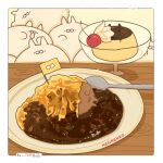  border cat cherry commentary_request food food_focus fruit hayashi_rice hennekko highres omelet omurice original plate pudding shadow spoon table whipped_cream white_border yellow_background 