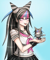  1girl absurdres blue_background danganronpa_(series) danganronpa_2:_goodbye_despair face_piercing figure guitar hair_horns highres holding holding_figure holding_guitar holding_instrument instrument looking_at_object mioda_ibuki multiple_piercings nendoroid official_style piercing rancorart school_uniform solo 