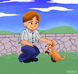  1boy animal artist_name black_shoes blue_pants blue_shirt blue_sky brown_fur brown_hair claytyme clouds cobblestone dog dress_shirt from_side grass hill looking_at_animal male_focus moral_orel orel_puppington outdoors pants paw_up petting shirt shoes short_hair short_sleeves sky smile squatting stone_wall striped_clothes toon_(style) vertical-striped_clothes white_shirt 