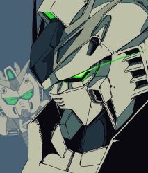  blue_background blue_theme char's_counterattack commentary_request eye_trail from_side green_eyes gundam light_trail mecha mecha_focus mobile_suit no_humans nu_gundam portrait profile robot science_fiction sd_gundam simple_background ten_(prop03) v-fin 