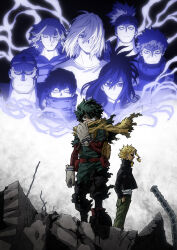  1girl 6+boys :| all_might arm_at_side backpack bag bags_under_eyes bald belt belt_pouch black_background black_belt black_jacket black_outline black_sclera blank_eyes blonde_hair bodysuit boku_no_hero_academia bright_pupils bruce_(boku_no_hero_academia) buckle cape closed_mouth clothes_grab colored_sclera copyright_notice covered_mouth cracked_skin cropped_shoulders dirty dirty_clothes dust en_(boku_no_hero_academia) expressionless facial_hair floating_cape floating_hair freckles ghost gloves goggles goggles_on_head gradient_background green_bodysuit green_eyes green_hair green_pants hair_between_eyes hand_in_pocket hand_up high_collar high_ponytail highres industrial_pipe jacket key_visual kudou_(boku_no_hero_academia) lariat_(boku_no_hero_academia) long_sleeves looking_afar looking_ahead looking_at_viewer looking_up medium_hair midoriya_izuku multiple_boys official_art outline pants ponytail poster_(medium) pouch profile promotional_art red_belt rubble sanpaku scar scar_on_face second-party_source shigaraki_yoichi shimura_nana shinomori_hikage shirt short_hair sidelocks smoke smoke_trail snap-fit_buckle spiky_hair spirit split_mouth spoilers standing straight-on stubble t-shirt textless_version title torn_cape torn_clothes torn_sleeves umakoshi_yoshihiko utility_belt white_background white_gloves white_pupils white_shirt wind yagi_toshinori yellow_bag yellow_cape 