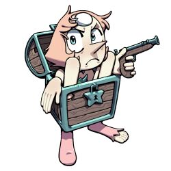  1girl blue_eyes commentary discount-supervillain english_commentary forehead_jewel frown furrowed_brow gem gem_(steven_universe) gun handgun holding holding_gun holding_weapon official_style pale_skin pearl_(gemstone) pearl_(steven_universe) pointy_nose short_hair solo squatting steven_universe toes toon_(style) treasure_chest weapon 