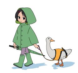  1girl animal bird black_eyes black_hair blush blush_stickers boots buttons child duck gosari_draw green_boots green_raincoat hair_tie highres holding holding_leash holding_umbrella leash looking_at_viewer original pantyhose raincoat shadow short_hair smile umbrella walking white_background 