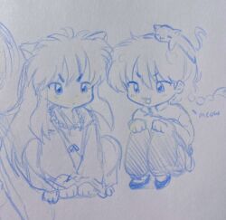  2boys :3 animal_ears animal_on_head bead_necklace beads braid cat cat_on_head closed_mouth dog_boy dog_ears dot_mouth eextrovrt english_commentary english_text hands_on_own_knees highres inuyasha inuyasha_(character) jewelry long_hair male_focus multiple_boys necklace nekoken_technique on_head pants photo_(medium) ranma_1/2 saotome_ranma shoes single_braid sitting sketch tongue tongue_out tooth_necklace traditional_media v-shaped_eyebrows 