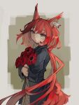  1girl absurdres alternate_costume animal_ears arknights black_coat bouquet bright_pupils brown_background brown_eyes closed_mouth coat flametail_(arknights) flower highres holding holding_bouquet long_hair long_sleeves looking_at_viewer low_ponytail open_clothes open_coat red_flower redhead smile solo squirrel_ears togekk0 very_long_hair 