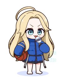  1girl achilles_(yosshyachillesd) aqua_eyes ball barefoot basketball blonde_hair blue_coat cd coat diana_(pragmata) full_body hand_up holding holding_ball holding_cd licking light_blush long_hair long_sleeves looking_at_object padded_coat pragmata puffy_coat puffy_long_sleeves puffy_sleeves simple_background solo standing tongue tongue_out v-shaped_eyebrows very_long_hair watermark white_background 