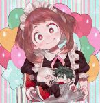 1boy 1girl alternate_costume apron balloon black_pants blazer blush bob_cut boku_no_hero_academia bright_pupils brown_eyes brown_hair chibi closed_mouth cross-laced_footwear dekucha_kawaii enmaided freckles frilled_apron frilled_sleeves frills green_eyes green_hair grey_jacket hair_between_eyes head_tilt heart heart_balloon heart_in_eye highres holding holding_tray jacket long_sleeves maid maid_apron maid_headdress midoriya_izuku miniboy necktie no_nose non-web_source nose_blush outstretched_arms pants puffy_short_sleeves puffy_sleeves red_necktie school_uniform short_eyebrows short_sleeves sidelocks size_difference source_request sparkle spread_arms star_balloon surprised swept_bangs symbol_in_eye tray u.a._school_uniform upper_body uraraka_ochako white_apron white_pupils