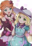  2girls :d apron blonde_hair blunt_bangs closed_mouth commentary_request crown dress eyelashes gloves green_dress green_eyes hand_on_headwear hat heart lillie_(pokemon) lillie_(special_costume)_(pokemon) long_hair looking_at_viewer looking_up mini_crown mizuiro123 multiple_girls official_alternate_costume open_mouth orange_hair pokemon pokemon_(game) pokemon_masters_ex short_sleeves smile sonia_(pokemon) sonia_(special_costume)_(pokemon) sun_hat white_background 