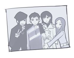  2boys 2girls arm_around_shoulder black_hair black_hat demi-fiend eegdtb expressionless hand_on_another's_shoulder hat hat_over_one_eye highres long_hair multiple_boys multiple_girls nitta_isamu one_eye_closed shin_megami_tensei shin_megami_tensei_iii:_nocturne short_hair smile tachibana_chiaki_(megami_tensei) takao_yuko teacher_and_student v white_background 