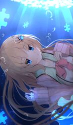  1girl 9-nine- absurdres air_bubble blue_eyes blurry blush bow bowtie brown_hair bubble cardigan closed_mouth collarbone commentary_request depth_of_field eyes_visible_through_hair fingernails floating_hair gear_hair_ornament hair_between_eyes hair_ornament hakusen_academy_school_uniform hands_up highres holding_puzzle_piece kujou_miyako long_hair looking_at_viewer nodoameyatou open_cardigan open_clothes pink_cardigan puzzle_piece red_bow red_bowtie school_uniform sidelocks sleeves_past_wrists smile solo split_mouth submerged sunlight underwater upper_body very_long_hair wide_sleeves wing_hair_ornament 