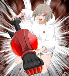  1girl apple_hair_ornament blush brown_hair buzzwole commentary_request emphasis_lines food-themed_hair_ornament glassy0302 gourmet_spicer green_shorts grey_eyes hair_ornament highres holding hood hood_down hoodie kuraishi_ringo_(glassy0302) long_sleeves open_mouth pokemon short_hair shorts signature smile solo teeth themed_object upper_teeth_only v-shaped_eyebrows white_hoodie 