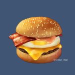  bacon blue_background bun_(food) cheese food food_focus highres meat no_humans original sesame_seeds simple_background still_life twitter_username wasya_usya 