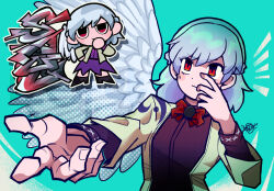 1girl aqua_background bow bowtie brown_shirt chibi chibi_inset feathered_wings graffiti grey_hair hand_to_head highres kishin_sagume layered_shirt leaf_st medium_hair outstretched_arm perspective purple_shirt purple_skirt red_bow red_bowtie red_eyes serious shirt signature single_wing skirt solo touhou upper_body wings 