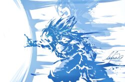  2boys blue_theme commentary_request dragon_ball dragon_ball_z father-son_kamehameha father_and_child father_and_son highres ink_wash_painting kamehameha_(dragon_ball) lafia_db male_focus monochrome multiple_boys muscular muscular_male parent_and_child shirt son_gohan son_goku spiky_hair super_saiyan super_saiyan_2 torn_clothes torn_shirt 
