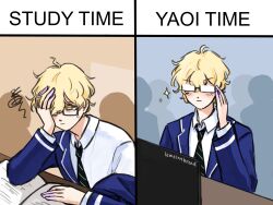  1boy absurdres adjusting_eyewear alien_stage blazer blonde_hair blue_jacket book collared_shirt colored_extremities commentary computer diagonal-striped_clothes diagonal-striped_necktie english_commentary fudanshi glasses hand_on_eyewear hand_on_own_head highres jacket lemelonbread luka_(alien_stage) male_focus meme necktie opaque_glasses rectangular_eyewear shirt short_hair signature squiggle striped_clothes study_time_vs_game_time_(meme) white_shirt yellow_eyes 